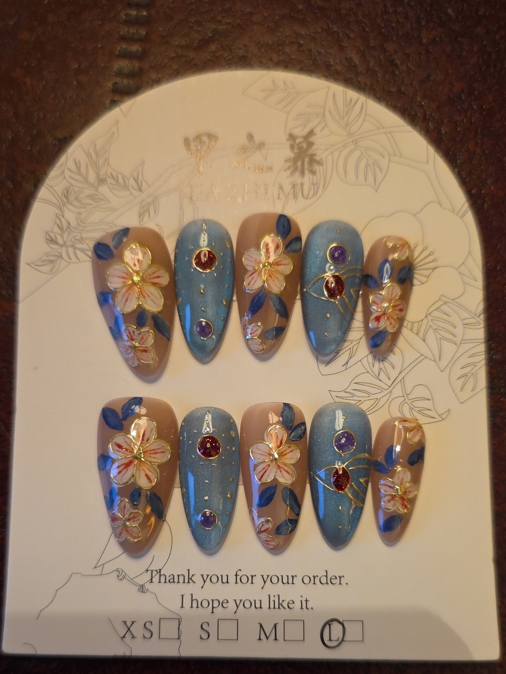 Floral Blue & Nude Press-On Nail Set with Gem Accents Size Large